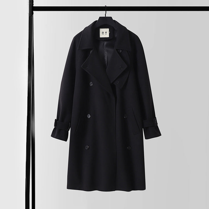 Herren Dramatisch geschnittener Doppelreihiger Wollmix-Longcoat mit Kragenlaschen und Bindegürtel Drune