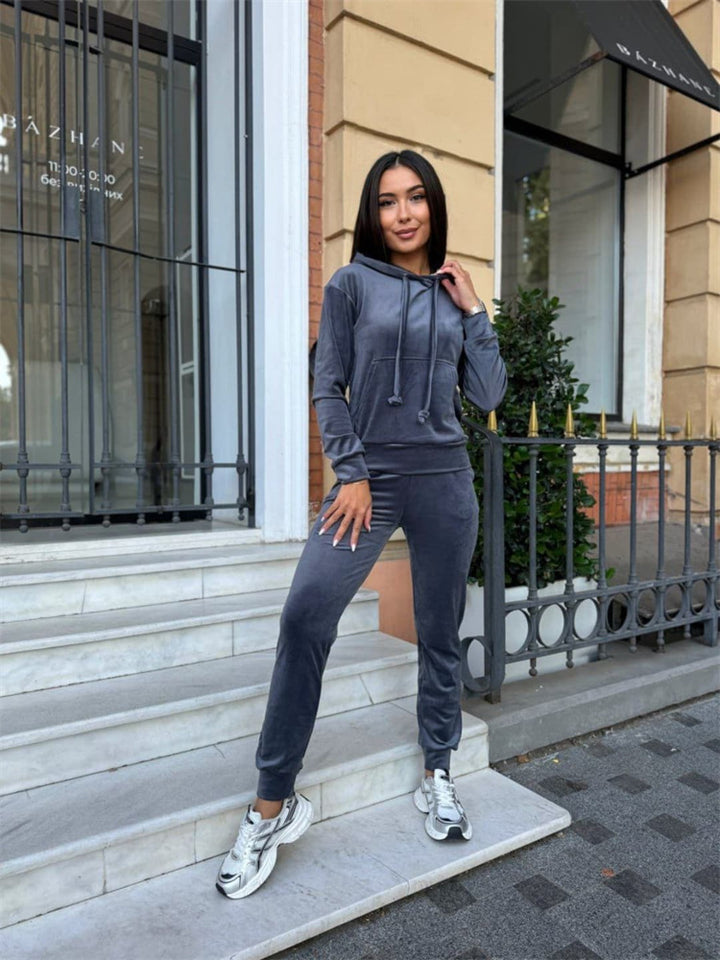 Damen weiches Velours-Lounge-Set mit Kapuzenpullover und tapered Jogginghose Drune
