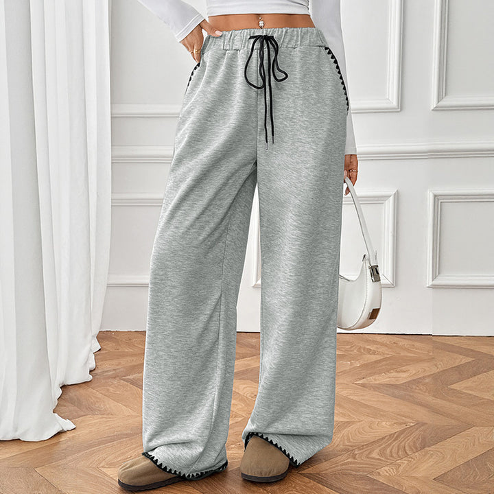 Damen Relaxte Lounge-Jogginghose mit weitem Bein, elastischem Bund, Kordelzug und Zierkante Drune