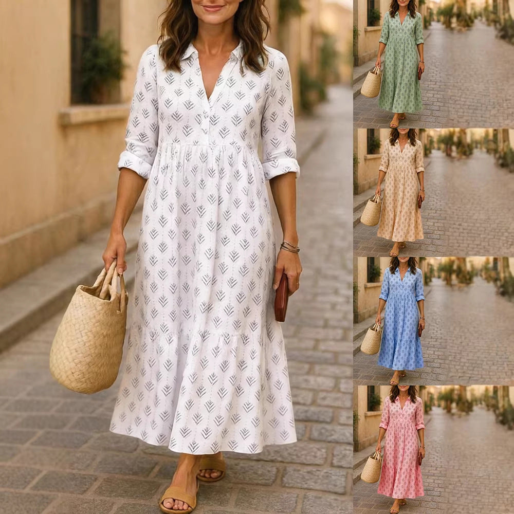 Damen Maxikleid mit elegantem Kragen und floralen Mustern Drune