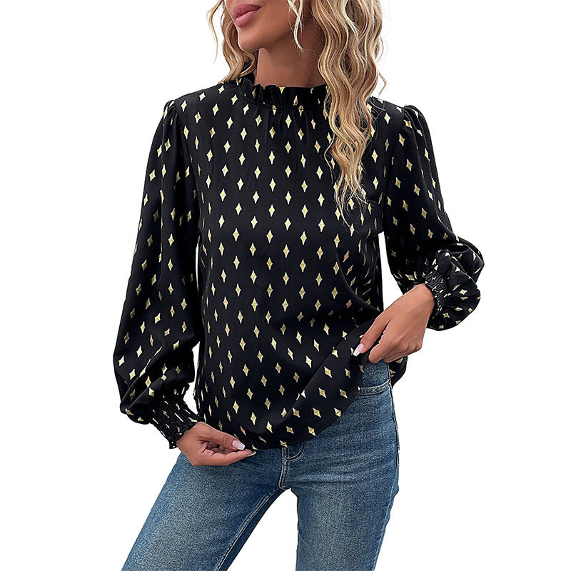 Damen Elegante Rüschen-Stehkragen-Bluse mit Puffärmeln und Smokbündchen Drune