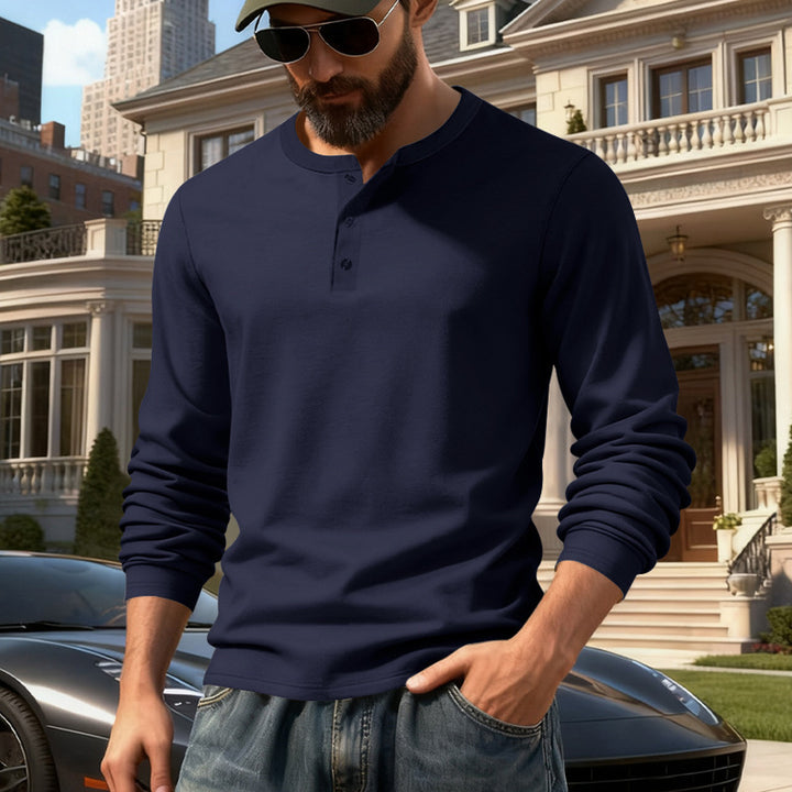 Herren nan tailliertes Langarm-Henleyshirt mit Stehkragen, feinem Baumwollstretch und Rippbündchen Drune