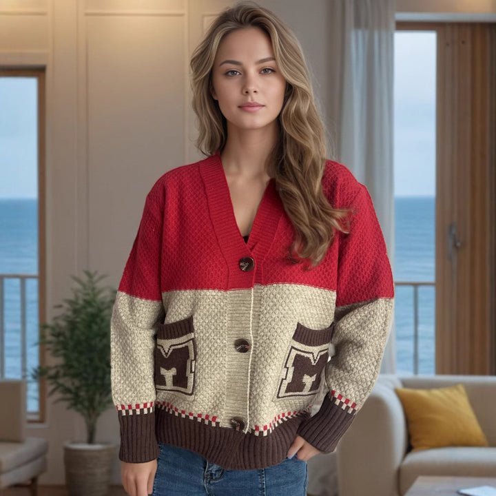 Damen gemütliche Strickjacke mit tiefem V-Ausschnitt und dekorativen Taschen Drune