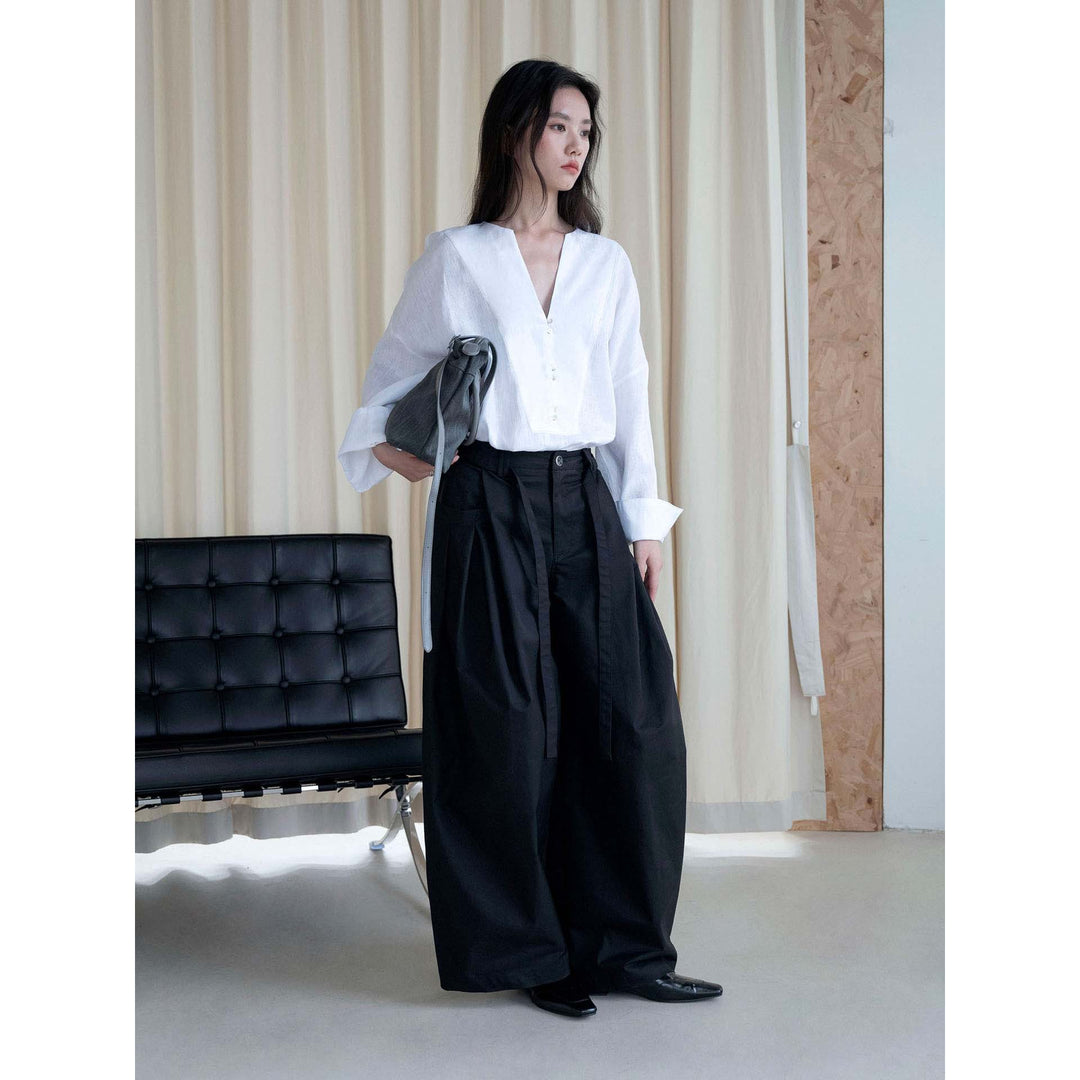 Damen Weite Bundfaltenhose mit hoher Taille und Bindegürtel Drune