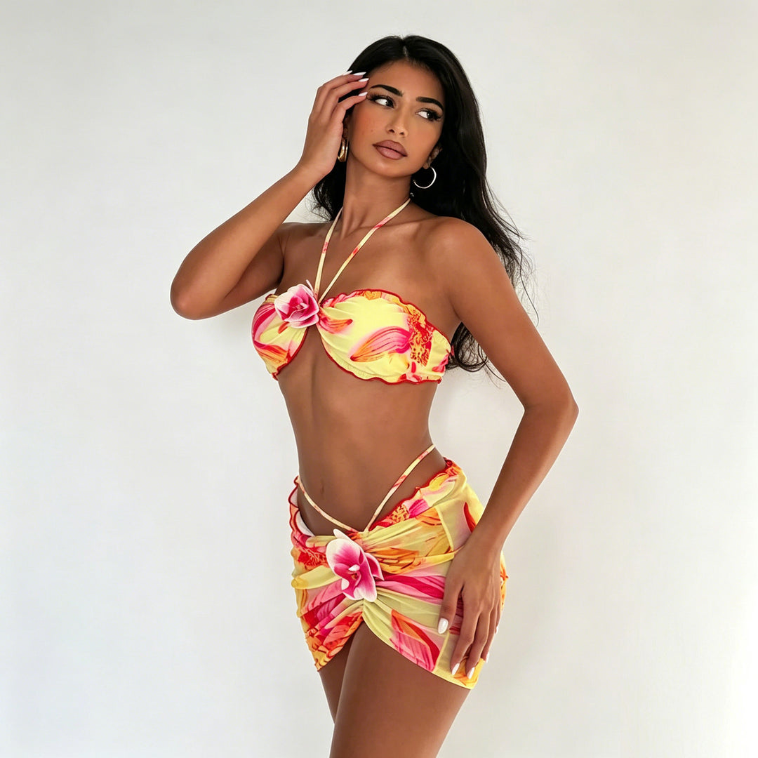 Damen Bandeau-Bikini mit floralem Wickelrock Drune