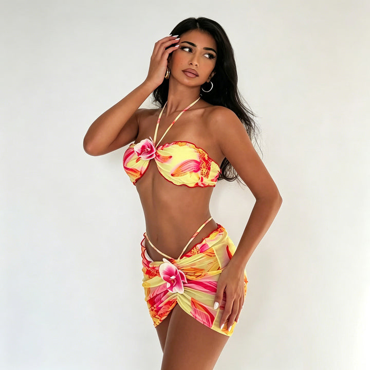 Damen Bandeau-Bikini mit floralem Wickelrock Drune