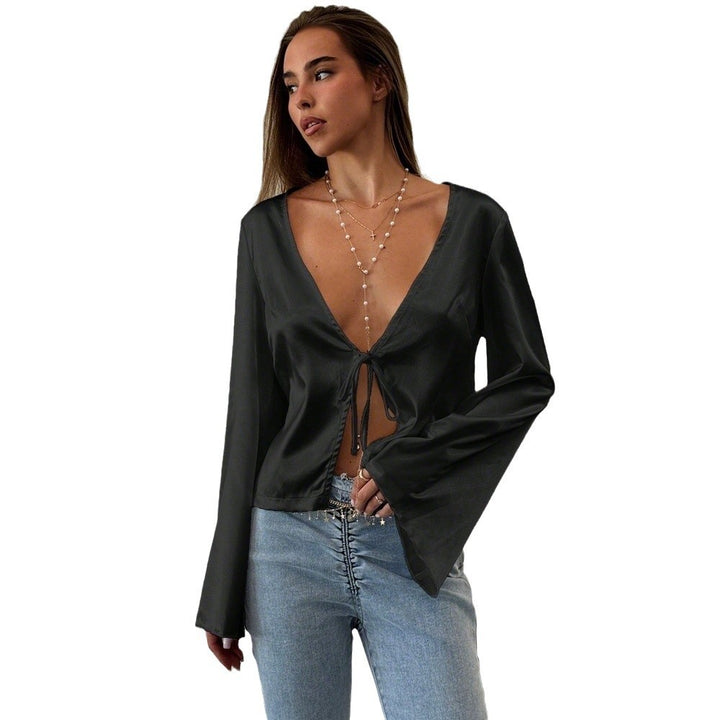 Damen elegante Bluse mit tiefem V-Ausschnitt und lässigem Knoten-Detail Drune
