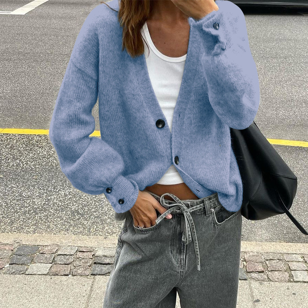 Damen nan lässige Strickjacke mit tiefem V-Ausschnitt, aufgesetzten Knopfleisten und Ballonärmeln Drune