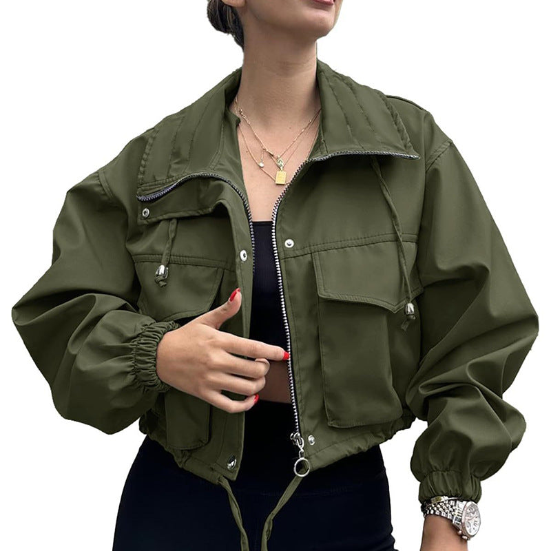 Damen kurze Utility-Jacke mit Kordelzug, Reißverschluss und aufgesetzten Taschen Drune