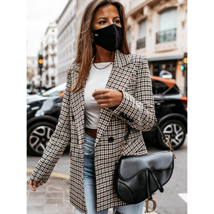 Damen Karierter Oversized Blazer mit doppelt geknöpftem Design Drune