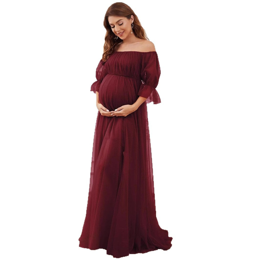 Damen Elegantes Umstandskleid mit schulterfreiem Design und luftigem Tüll Drune
