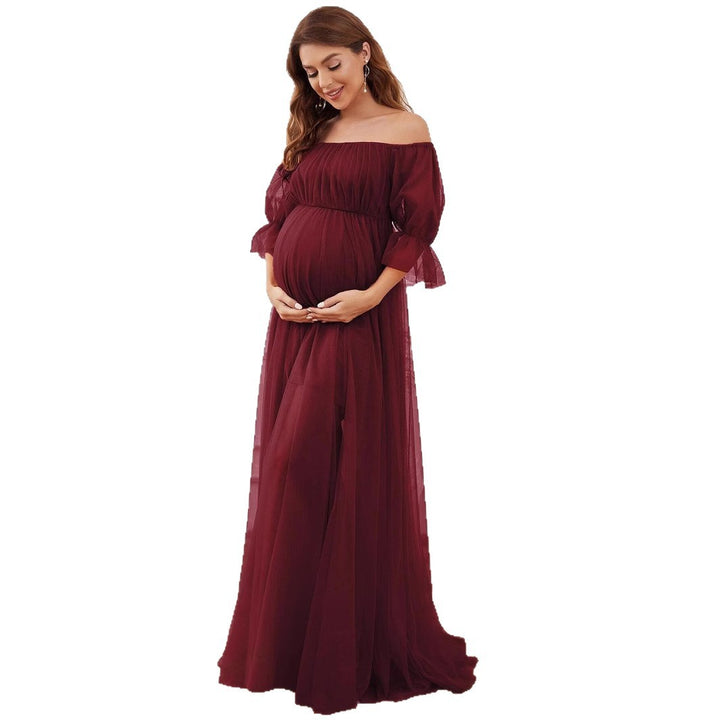 Damen Elegantes Umstandskleid mit schulterfreiem Design und luftigem Tüll Drune