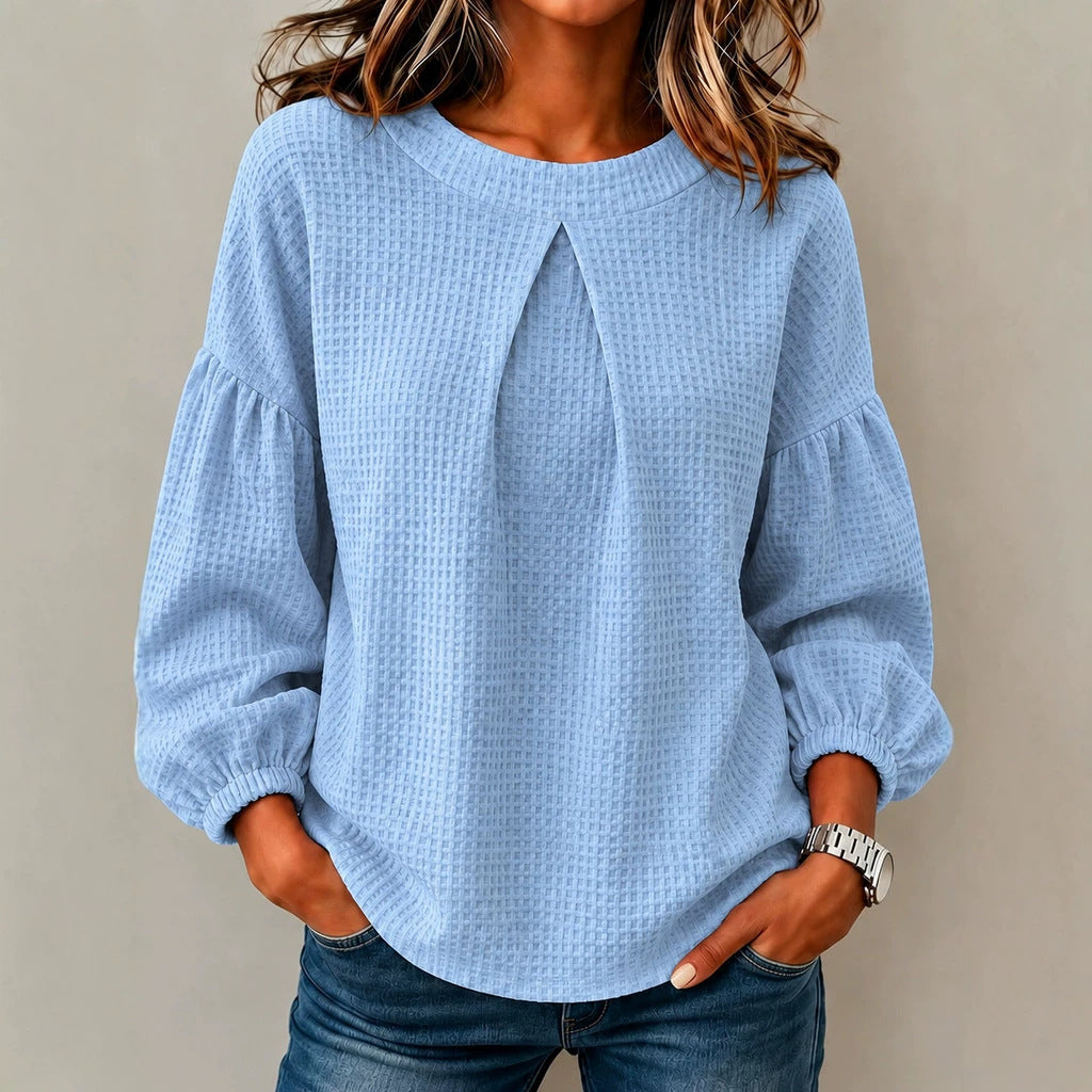 Damen Waffelstrick-Longsleeve mit Balloonärmeln und Vordernaht-Schlitz Drune
