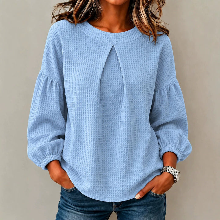 Damen Waffelstrick-Longsleeve mit Balloonärmeln und Vordernaht-Schlitz Drune