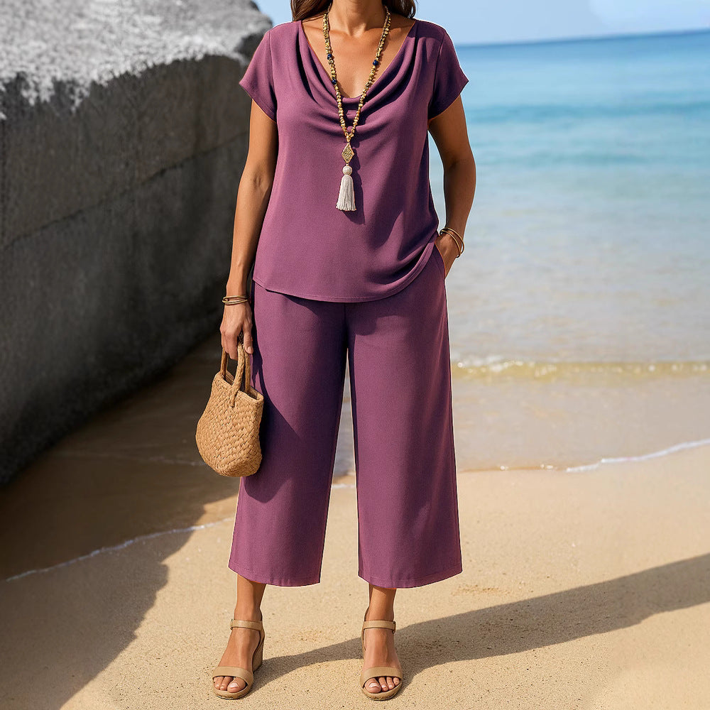 Damen bequemes Set aus lässigem Oberteil und weit geschnittener Hose Drune