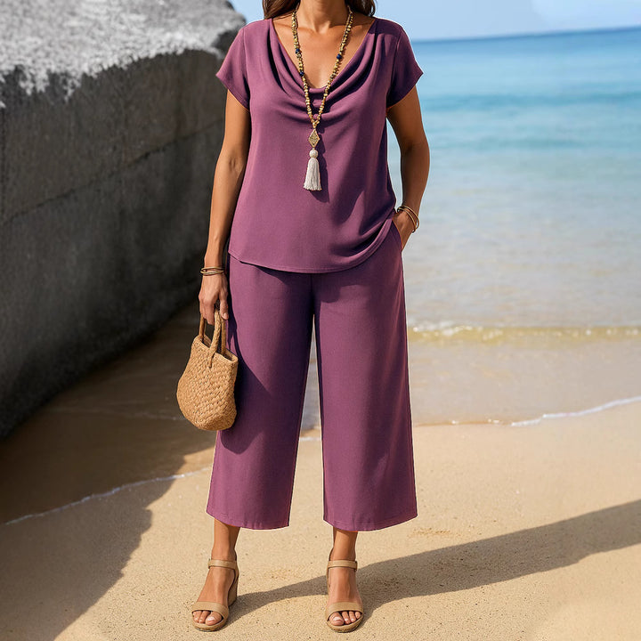 Damen bequemes Set aus lässigem Oberteil und weit geschnittener Hose Drune