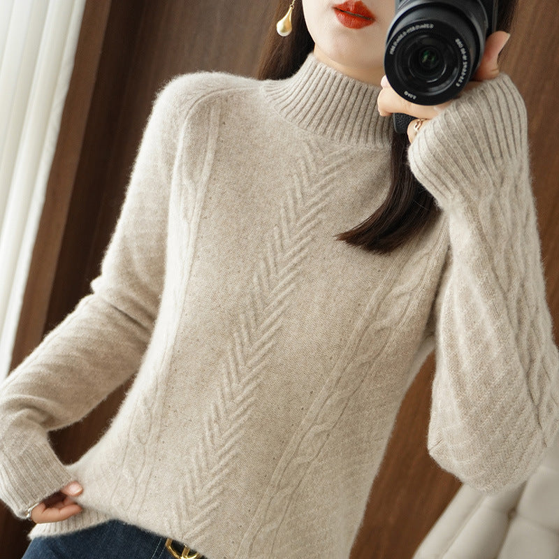 Damen Leichter Mohair‑Look Stehkragenpullover mit Zopf‑Ajour und taillierter Silhouette Drune