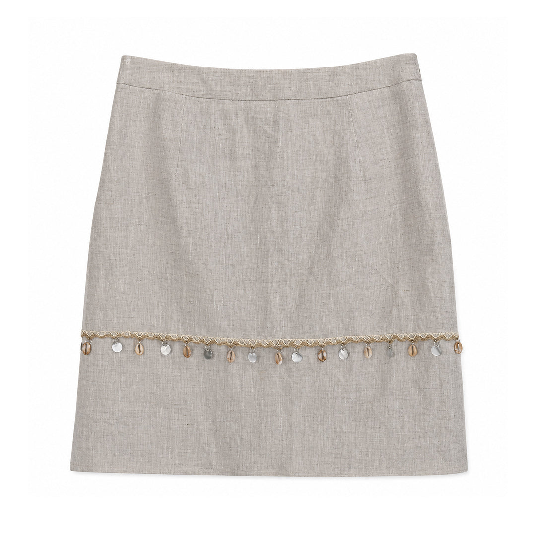 Damen Eleganter Leinenrock mit Zierperlen Drune