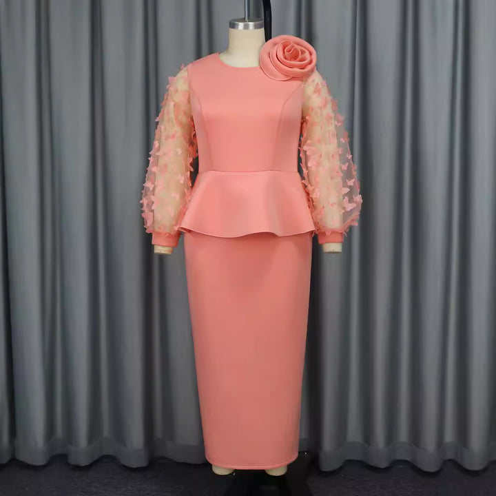 Damen Elegantes Kleid mit extravaganten Puffärmeln und floralem Detail Drune