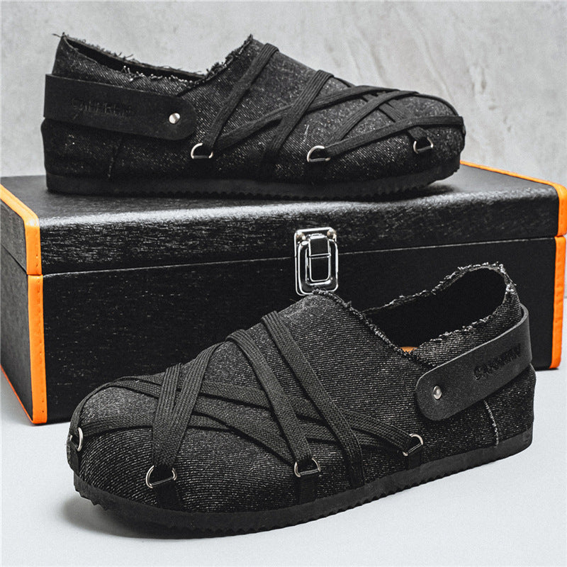 Herren lässige Slipper im Denim-Look mit elastischen Riemen, verstellbarem Fersenriemen und profilierter Gummisohle Drune