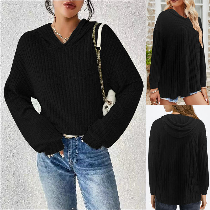 Damen Gerippter Kapuzenpullover mit V-Ausschnitt und Oversize-Ärmeln Drune