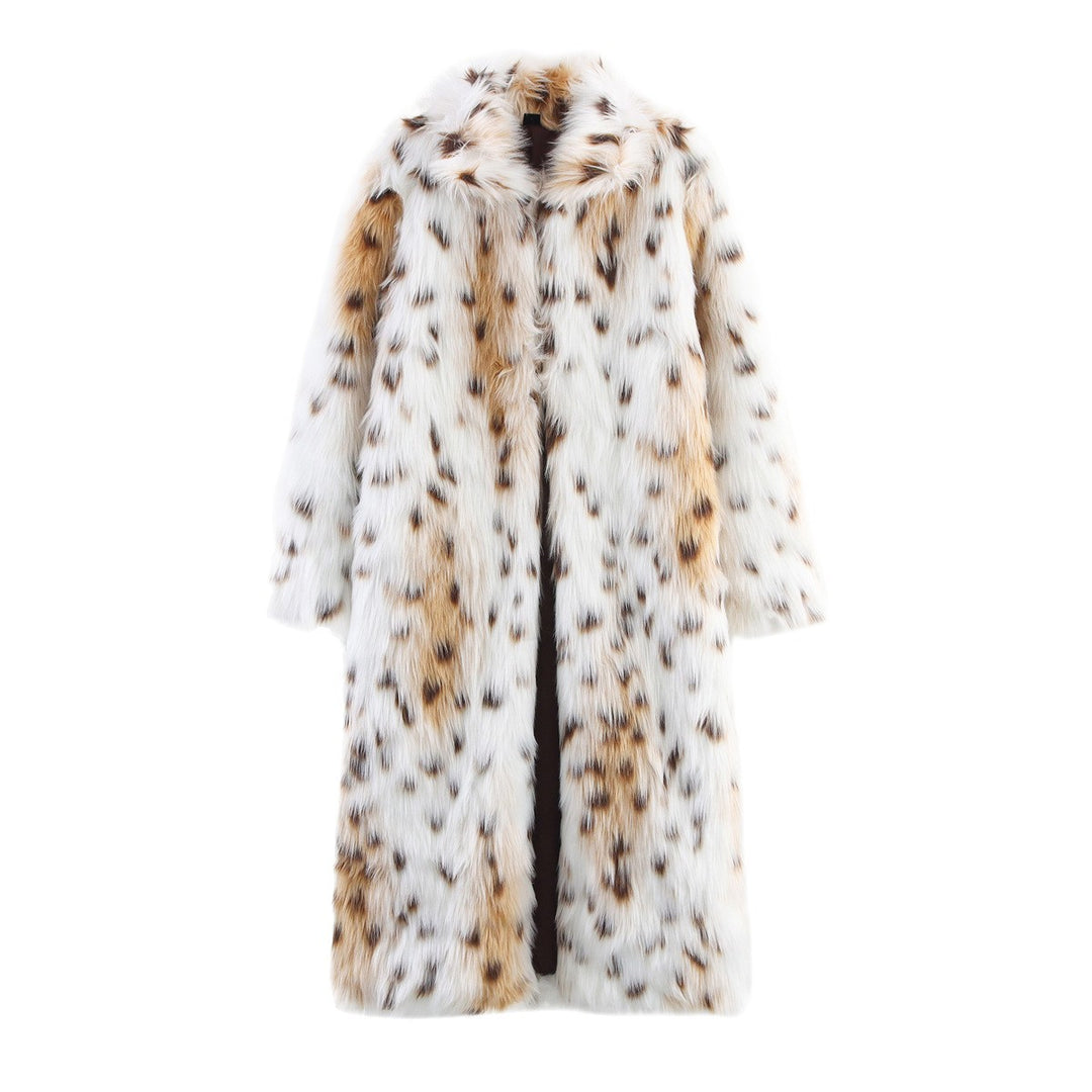 Damen Langer Oversize Kunstfell‑Mantel mit geflecktem Wildkatzenprint und Stehkragen Drune