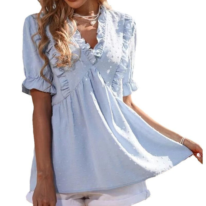 Damen luftige Bluse mit Rüschendetails und V-Ausschnitt Drune