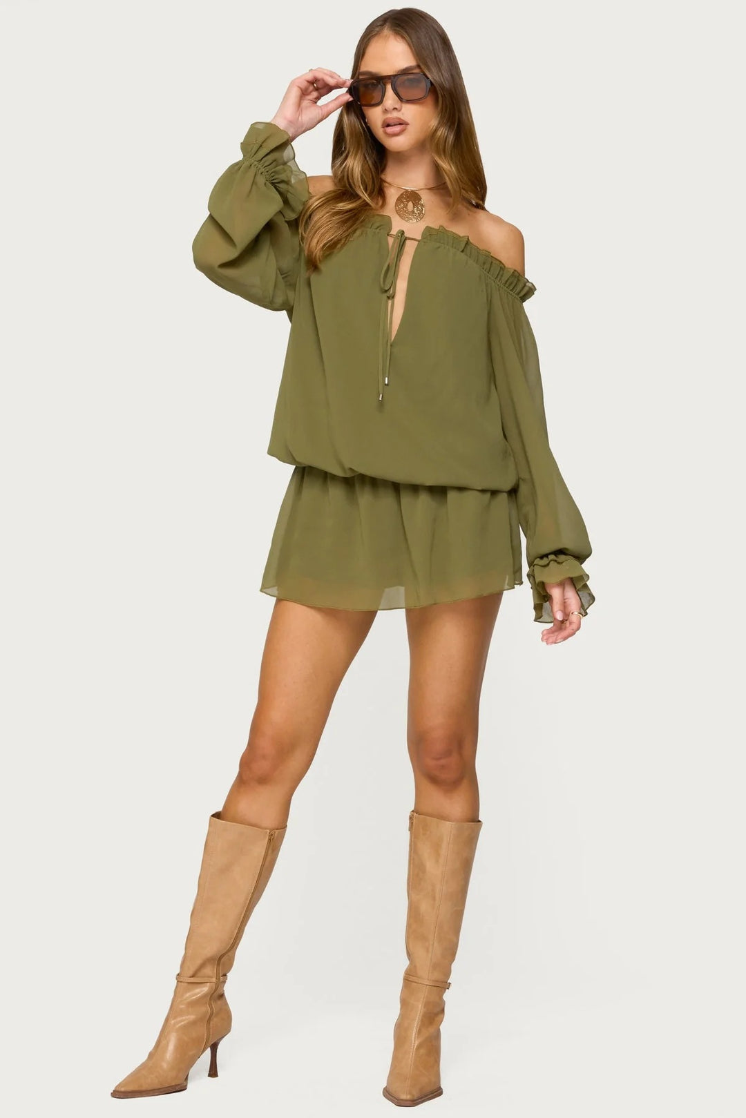 Damen Off-Shoulder Kleid mit voluminösen Puffärmeln und Rüschensaum Drune