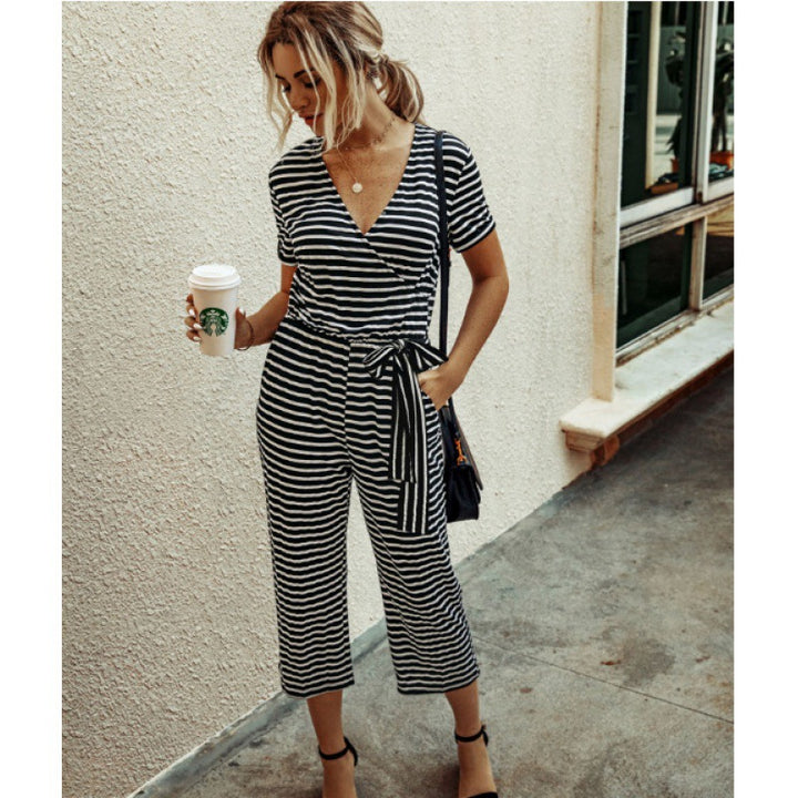 Damen Jumpsuit mit modischem Wickel-Design und gestreiftem Muster Drune