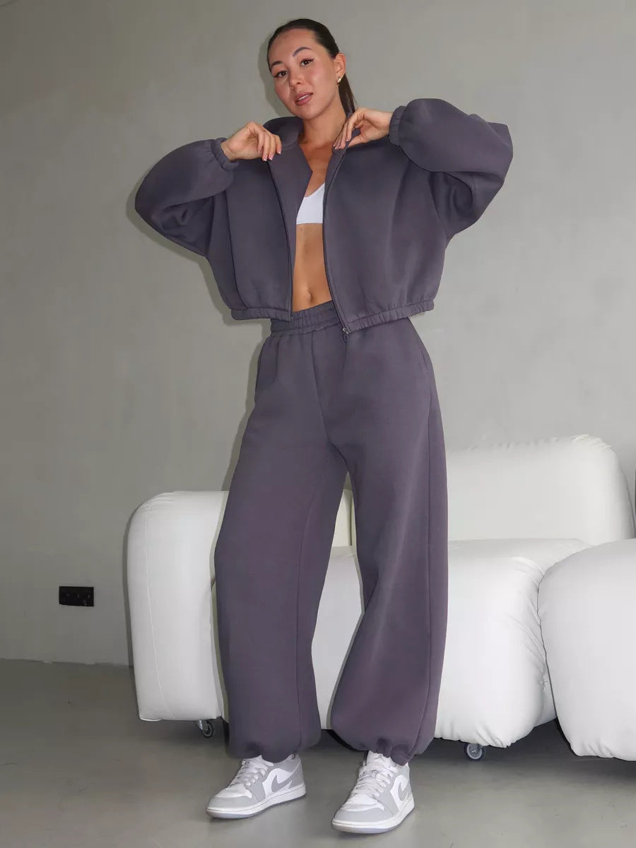 Damen Oversize Sweatset mit Reißverschluss Bomberjacke und Highwaist Jogginghose Drune