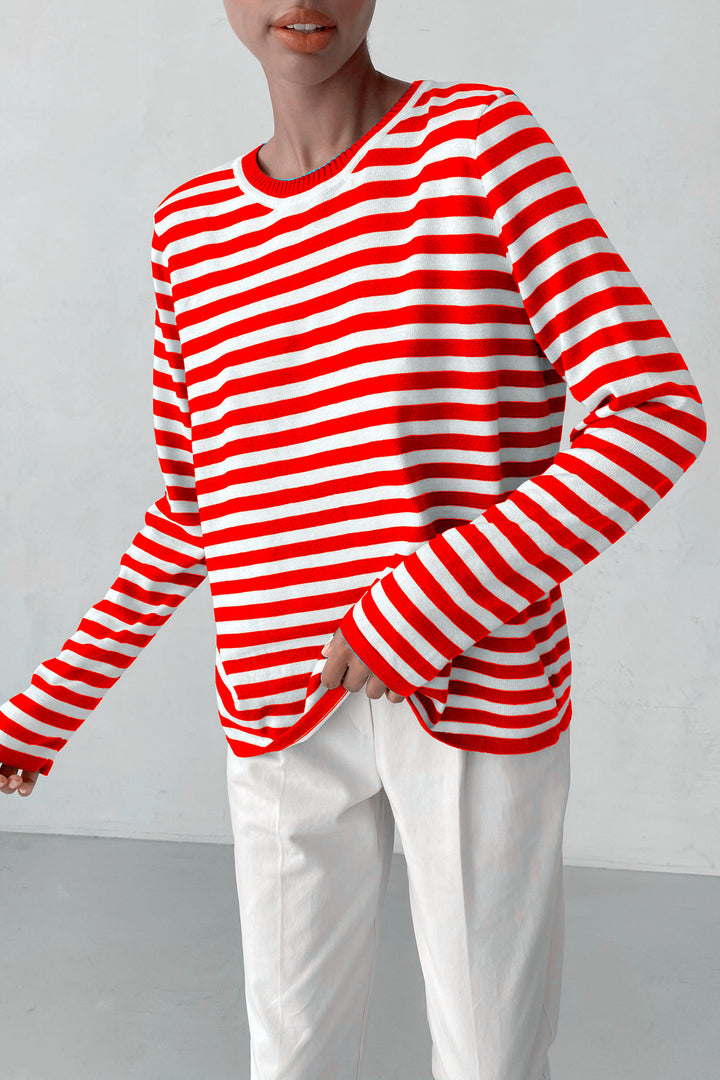 Damen nan gestreifter Baumwollpullover mit Rundhals und legerer Passform Drune