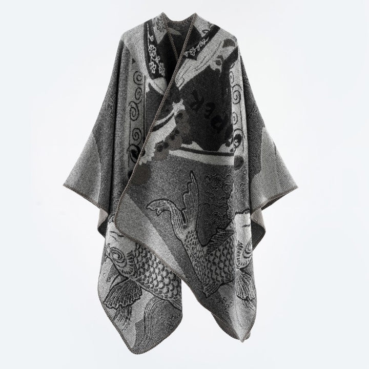 Damen Jacquard-Strick Cape mit Koi-Motiv und weitem Oversize-Fall Drune