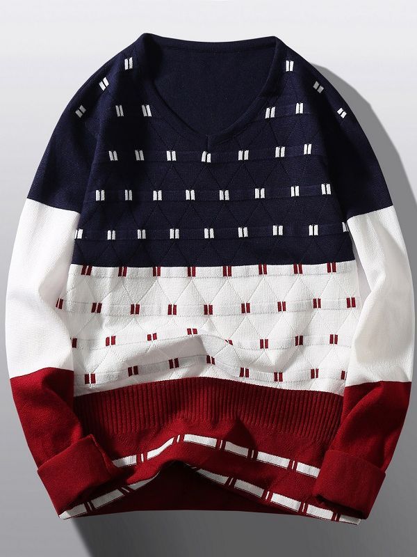 Damen modischer V-Ausschnitt Pullover mit grafischem Strukturmuster Drune