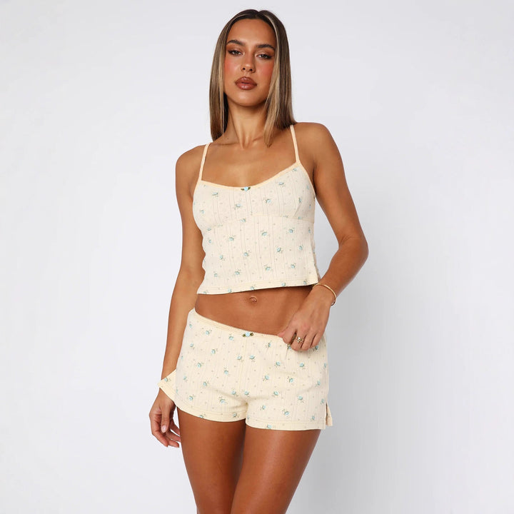 Damen Schlafanzug-Set mit feinem Blumenmuster und Spaghettiträgern Drune