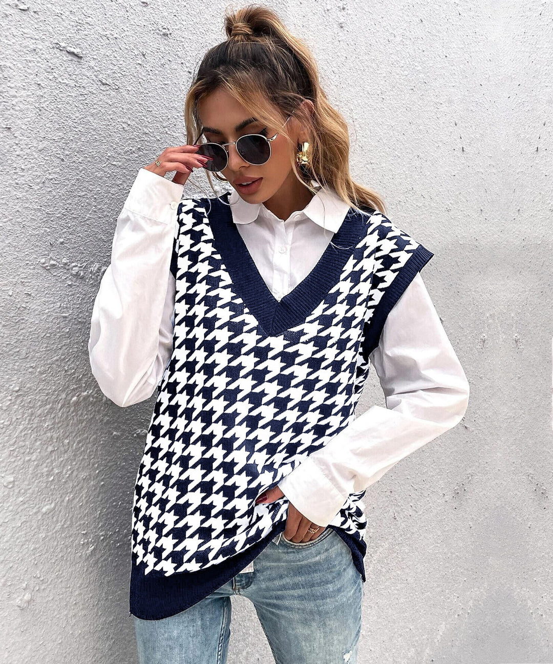Damen Oversize Strickweste mit Hahnentrittmuster und V-Ausschnitt Drune