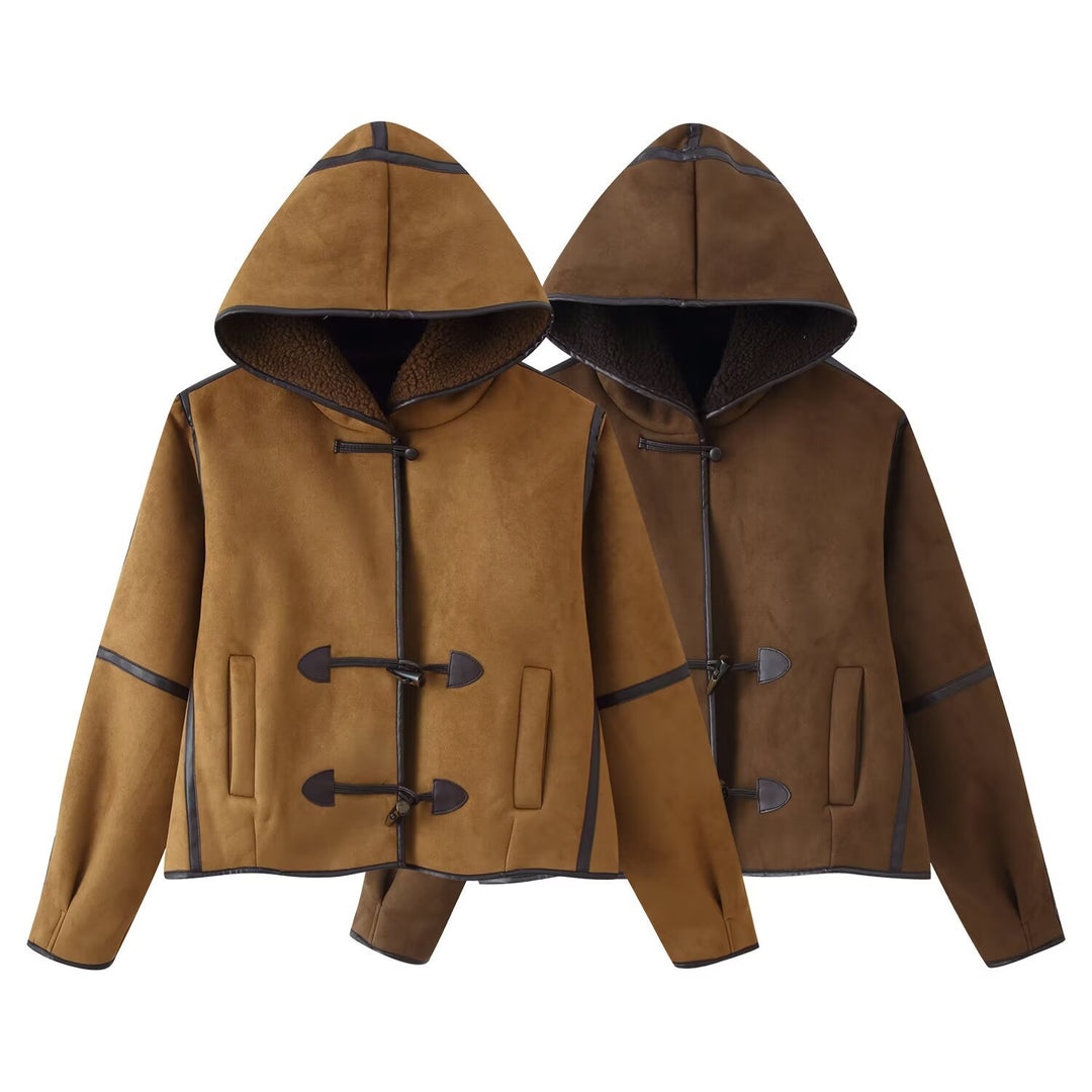 Damen elegante Kunstlederjacke mit Kapuze und warmem Innenfutter Drune