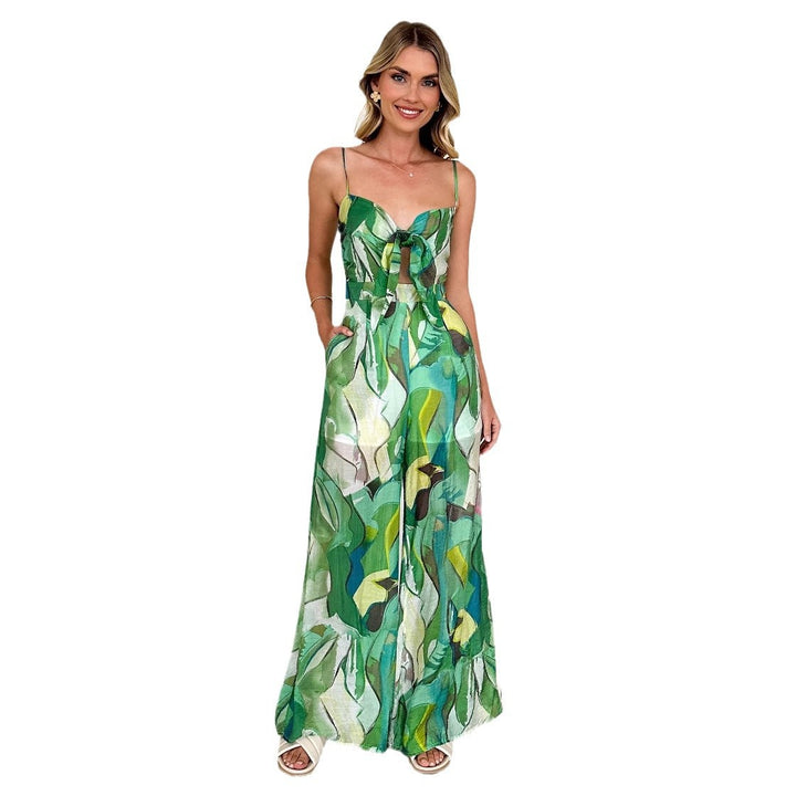 Damen Eleganter Jumpsuit mit floralem Design und verstellbaren Spaghettiträgern Drune