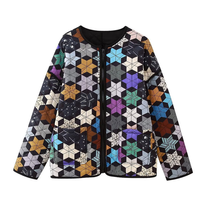 Damen Übergangsjacke mit buntem geometrischem Muster und praktischen Taschen Drune