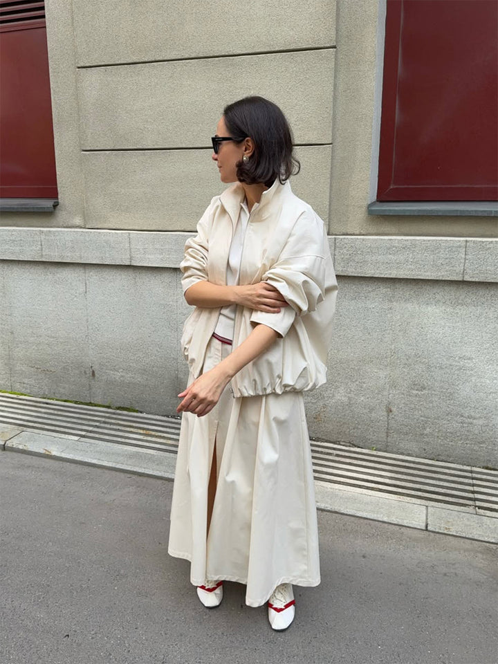 Damen Oversize Cropped-Blouson mit Tunnelzug und fließendem Maxi‑Rock mit Beinschlitz Drune