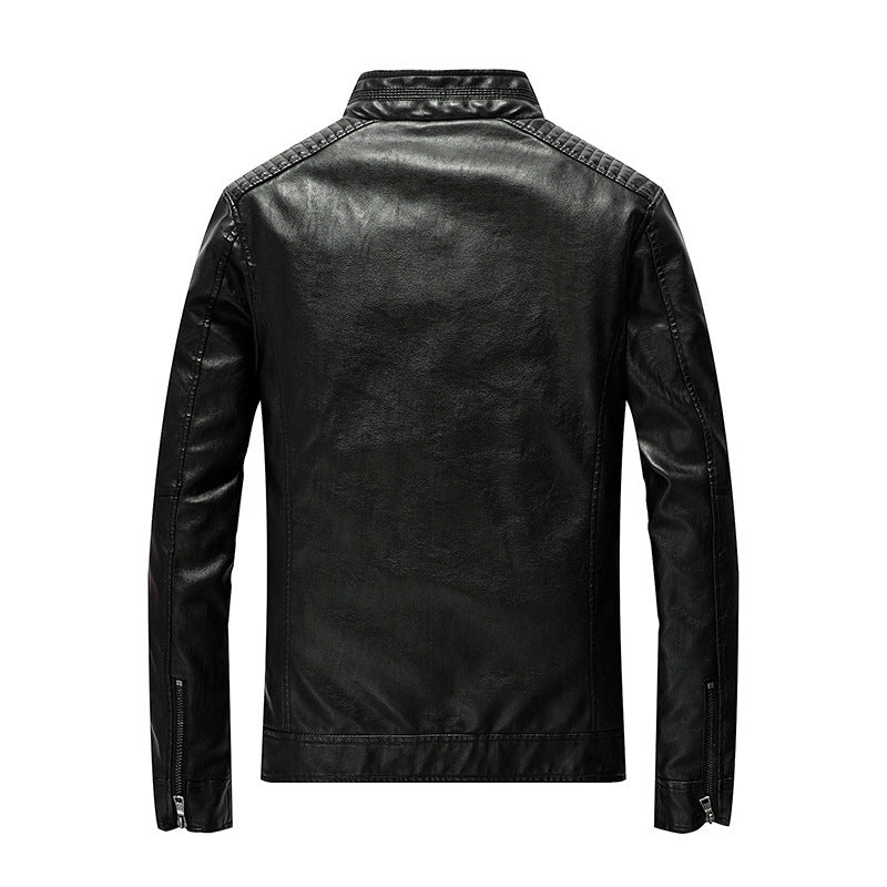 Herren Kunstleder-Motojacke mit Stehkragen, Schultersteppungen und Reißverschlusstaschen Drune
