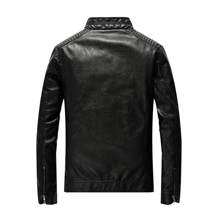Herren Kunstleder-Motojacke mit Stehkragen, Schultersteppungen und Reißverschlusstaschen Drune