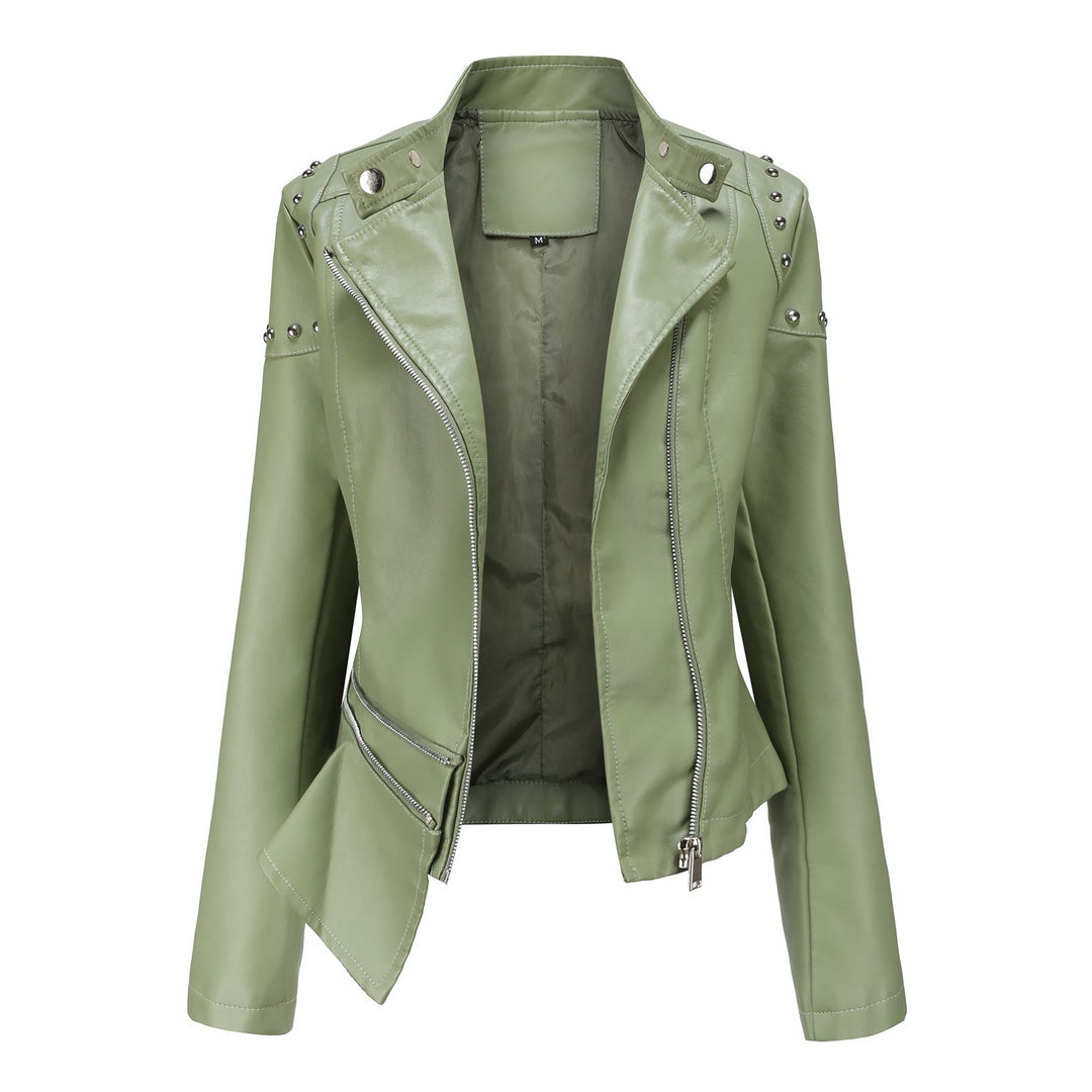Damen nan asymmetrische Kunstleder-Bikerjacke mit Nietenapplikation und tailliertem Schößchen Drune