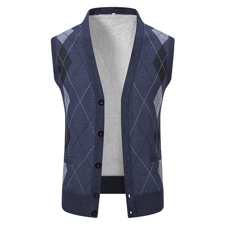 Herren nan ärmellose Strickweste mit Argyle-Muster, Teddyfutter und durchgehender Knopfleiste Drune