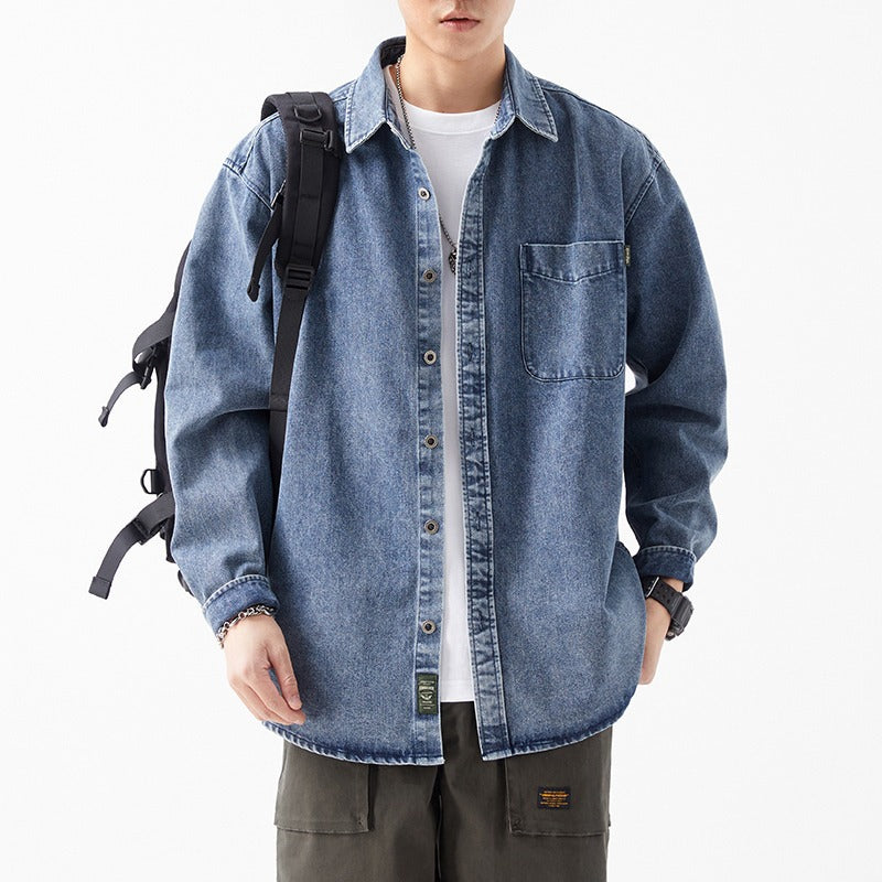 Herren lässige Denim-Hemdjacke mit aufgesetzter Tasche Drune