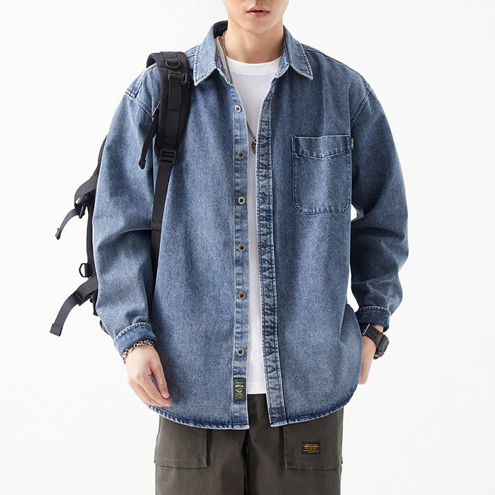 Herren lässige Denim-Hemdjacke mit aufgesetzter Tasche Drune