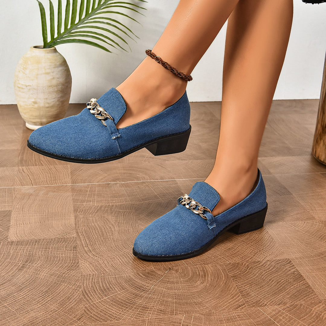 Damen Veloursleder-Loafer mit goldener Kettenapplikation und kleinem Blockabsatz Drune