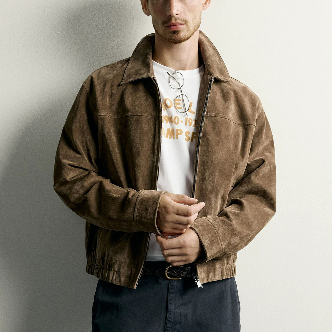 Herren Kurzblouson aus veloursiertem Wildleder mit Hemdkragen Drune