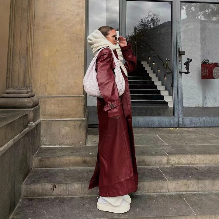 Damen leichte Kunstleder-Trenchjacke mit dekorativem Gürtel und modernen Details Drune