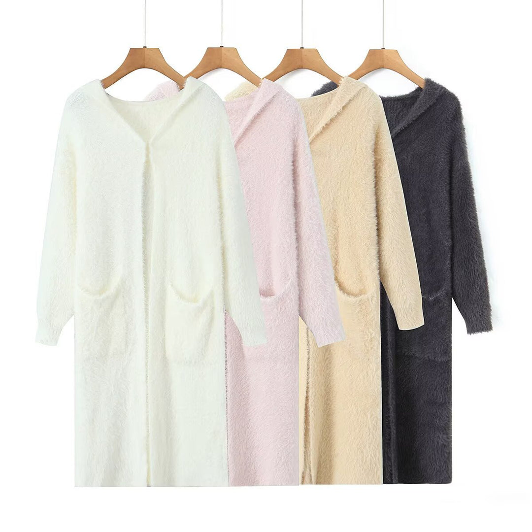 Damen Kuscheliger Langstrickmantel mit Kapuze und praktischen Taschen Drune