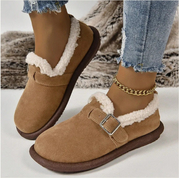Damen Gefütterte Wildleder‑Optik Hausschuhe-Mules mit Teddyfutter und verstellbarem Riemen Drune